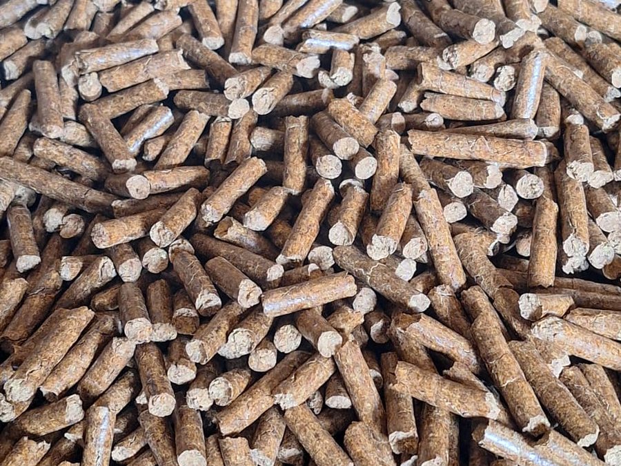 Close-up of bulk 6 to 10 mm biomass pellets made from agro waste